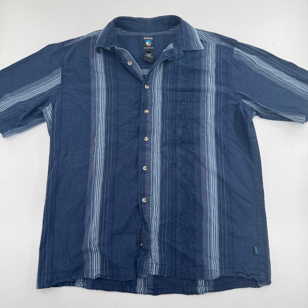 Kuhl Mens XL Blue Striped Short Sleeve Button Down Cotton Hiking Shirt RN 108846